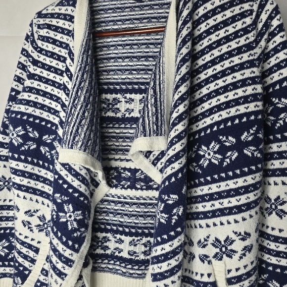 Lands' End Fair Isle Sweater Open Cardigan Navy Ivory Nordic Print Cabincore M - Picture 4 of 13